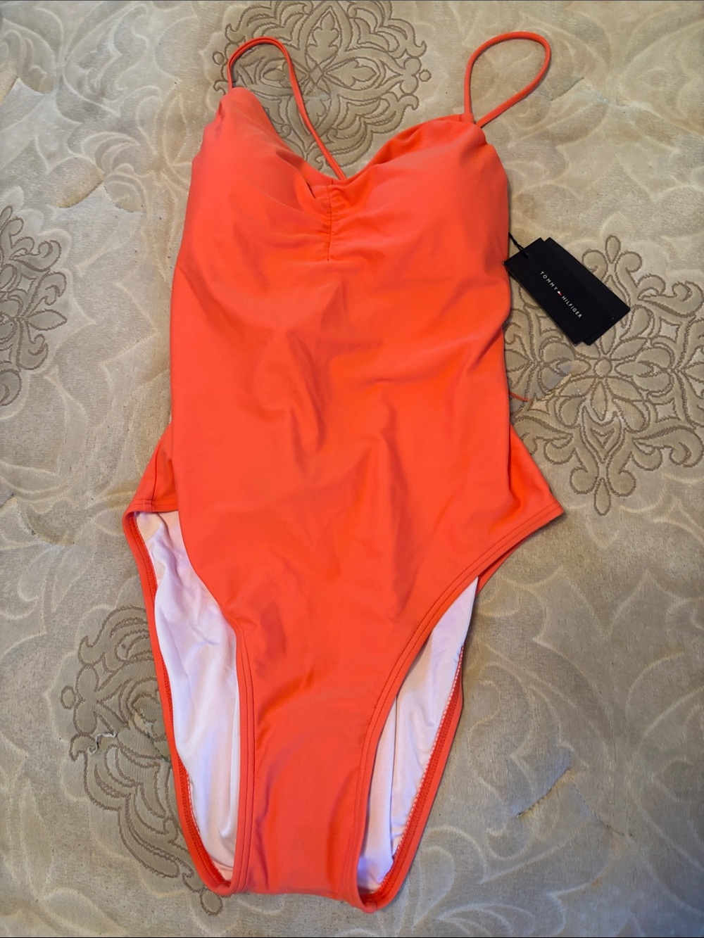 Tommy Hilfiger Bright Coral One-Piece Swimsuit with Thin Straps